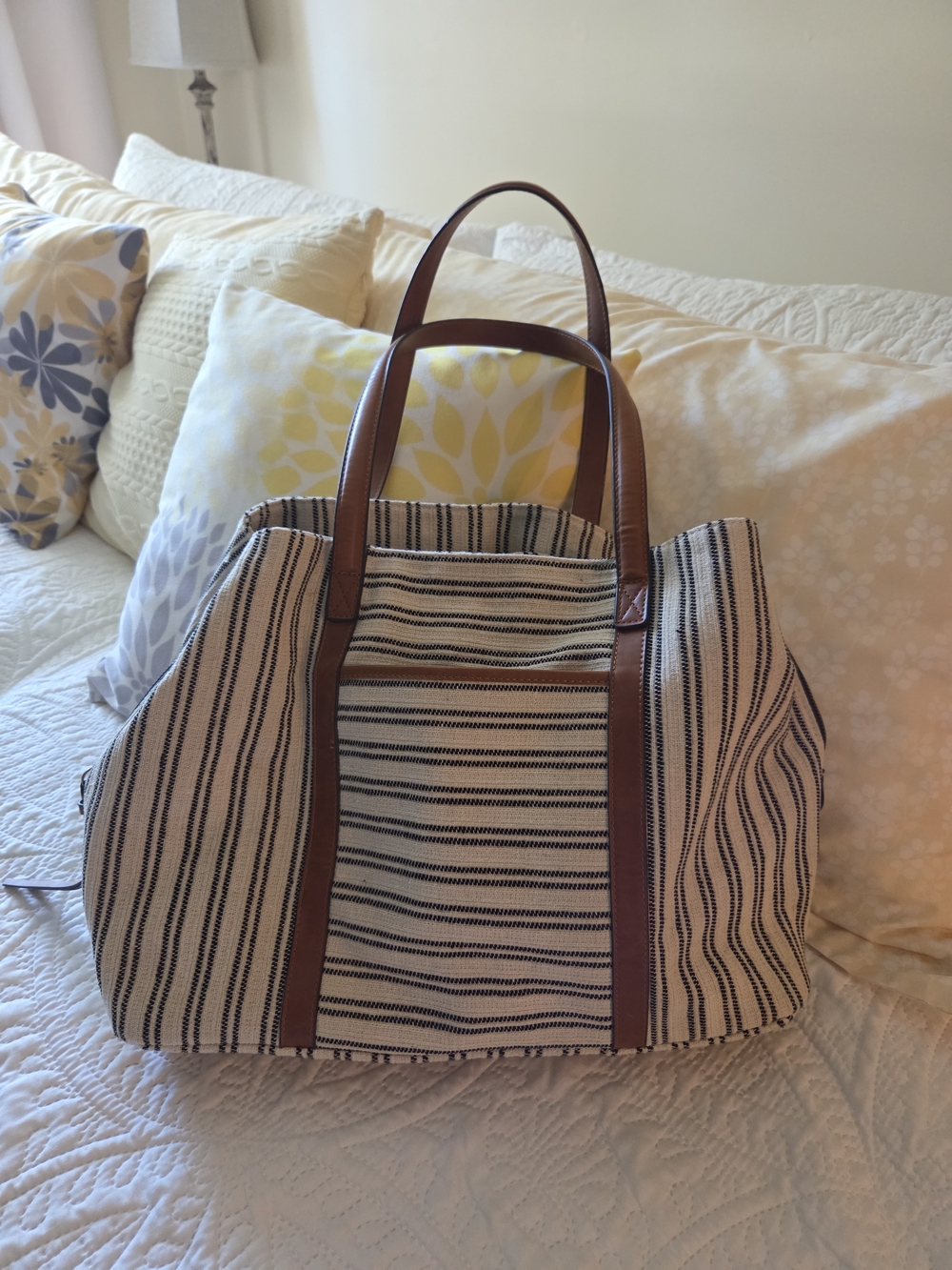 Striped Canvas Tote with Navy Trim and Brown Accent